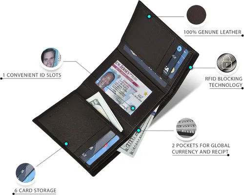 Miniatura 3 de Carteras RFID delgadas para hombre billetera triple con bolsillo frontal de cuero genuino Cartera RFID