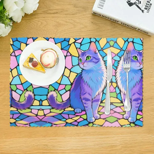 Miniatura 3 de Rectangular Placemats Set of 4, Heat Resistant Cat Printed Kitchen Dining Table Mats