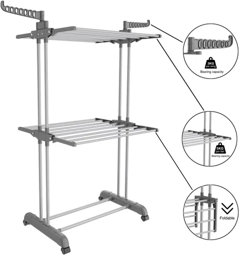 Miniatura 4 de Bigzzia Estante de secado de ropa de 3 niveles, estante de secado de lavandería de 57 pulgadas, estante plegable de acero inoxidable para niños, Gris
