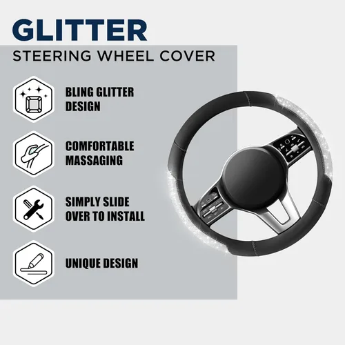 Miniatura 3 de PIC AUTO Funda para volante, purpurina de cristal brillante con cuero negro, ajuste universal de 14.5 a 15.5 pulgadas para volantes de automóvil