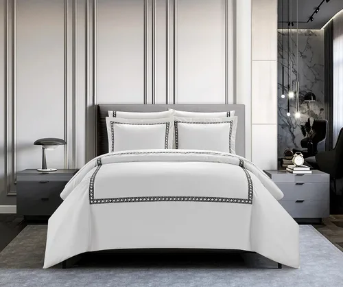 Miniatura 6 de Chic Home Lewiston - Juego de funda de edredón de mezcla de algodón de 3 piezas, 1500 hilos, color blanco sólido con detalles de costuras bordadas