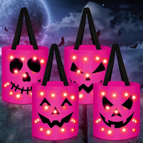 Miniatura 11 de Yaomiao 4 cubos de Halloween para niños con luz LED para dulces de calabaza, cestas de regalo reutilizables para suministros de fiesta (colorido)