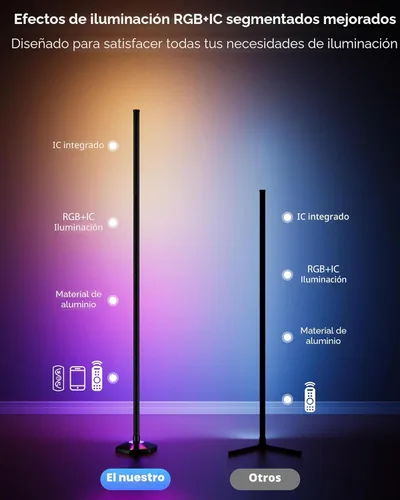 Miniatura 4 de Lámpara de pie de esquina de 2 piezas, luz RGB de 65 pulgadas que cambia de color con control remoto, lámpara de esquina LED regulable con negro