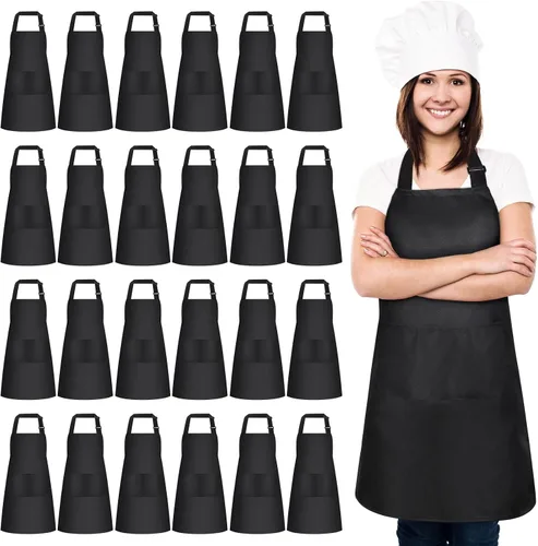JaGely Paquete de 24 delantales ajustables con babero y 2 bolsillos, delantales negros a granel para servidoras, mujeres adultas, delantal de cocina