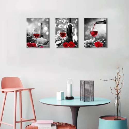 Miniatura 3 de Decoración de vino para cocina, arte en lienzo con rosas de vino tinto, arte para paredes del hogar, blanco y negro, con pintura de vino tinto, arte