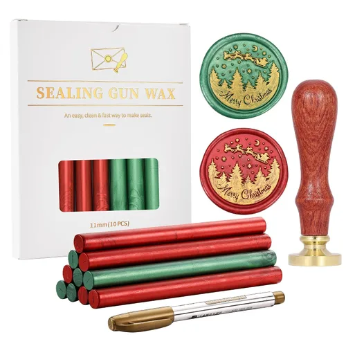 Miniatura 9 de Kit de Sellado de Cera Yoption, Sello de Cera de Navidad Feliz, 10 unidades de varillas de cera de sellado metálicas rojas y verdes con bolígrafo