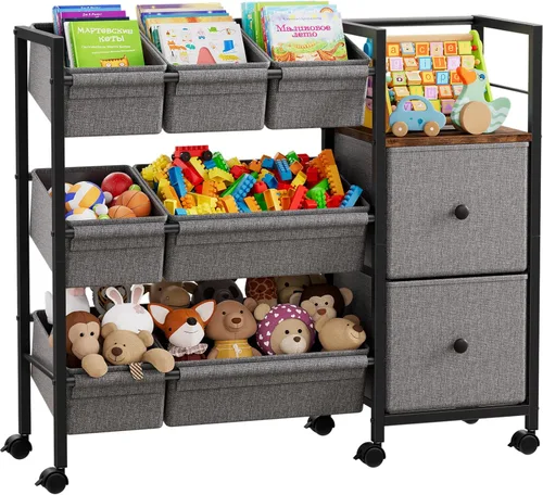 Miniatura 10 de Organizadores de juguetes y contenedores de almacenamiento para niños, 7 contenedores de almacenamiento + 4 cajones de tela + 2 estanterías