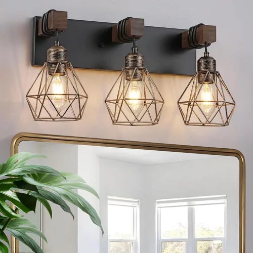 Miniatura 19 de Lámparas blancas para tocador de baño, luminarias de baño de madera de 2 luces sobre el espejo, apliques rústicos de pared con elegante pantalla