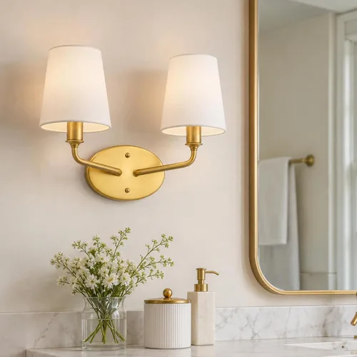 Emak Lámpara de Tocador de Baño de 2 Luces, Accesorios de Luz de Baño Dorado Cepillado Sobre Espejo con Pantalla de Tela Blanca Acampanada, Aplique