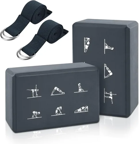 Miniatura 8 de Juego de 2 bloques de yoga y 2 correas de yoga, bloques de espuma EVA antideslizantes, ladrillos de yoga de alta densidad con correa de 6 pies, Gris