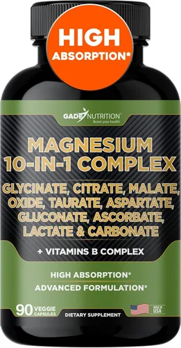 Complejo de magnesio de Gade Nutrition 10 en 1 - Glicinato, citrato, malato, óxido, taurato, aspartato, gluconato, ascorbato, lactato, carbonato,