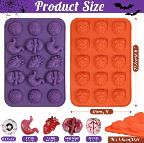 Miniatura 3 de Moldes de Chocolate de Halloween Kamehame, Molde de Silicona en Forma de Cerebro, Molde de Órgano de 15 Cavidades con Forma de Cerebro, Ojo