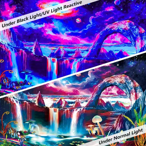 Miniatura 4 de Tapiz de luz negra, galaxia y planeta, tapiz reactivo a los rayos UV, tapiz de cascada de montaña para dormitorio, estético, ola misteriosa, lago
