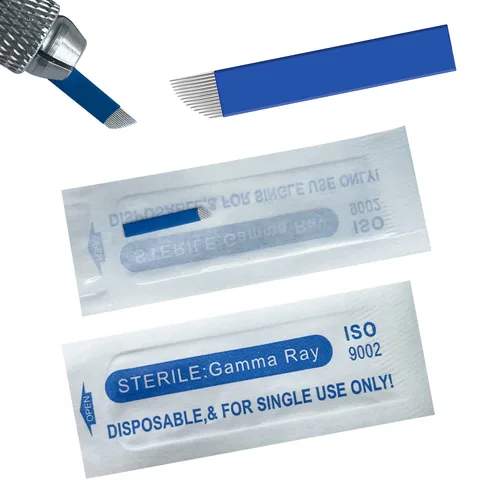 Miniatura 14 de S7 30 agujas de microblading con 0.008 in de diámetro, agujas de tatuaje manual de cejas de maquillaje permanente, hojas de microblading - azul 7