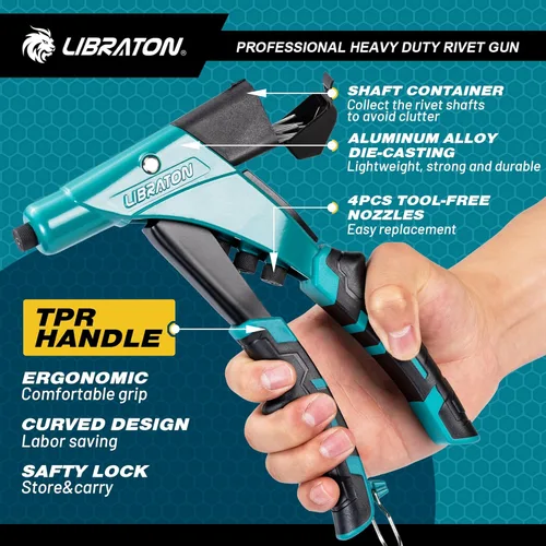 Miniatura 2 de LIBRATON Pistola de remache profesional resistente, juego de pistola de remache pop con una mano, remachadora robusta con contenedor de eje