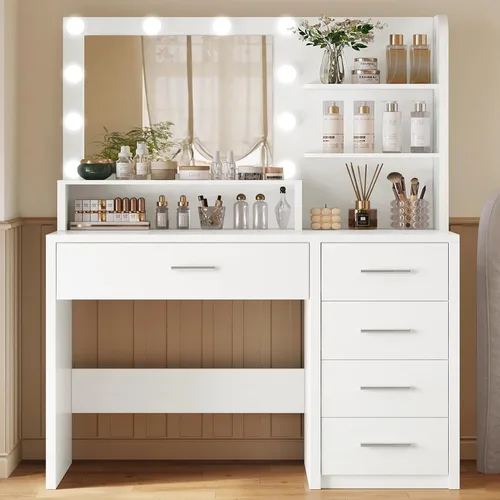 Miniatura 8 de FIONESO Escritorio grande con espejo y luces, tocador de maquillaje con 11 cajones y 6 estantes abiertos, 3 modos de iluminación, brillo ajustable