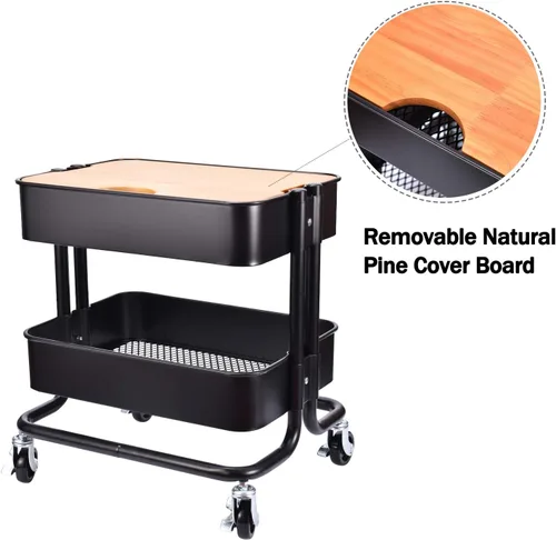 Miniatura 5 de Mesa auxiliar de almacenamiento de metal de 2 niveles con tablero de cubierta para oficina, hogar, cocina, organización, color negro