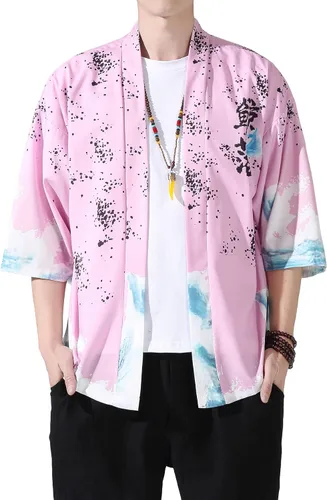 Miniatura 22 de PRIJOUHE Chaqueta Kimono Ligera para Hombre de Manga Tres Cuartos con Frente Abierto Cárdigan Estilo Japonés