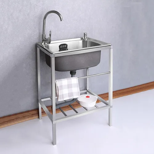 Fregadero de jardín al aire libre, canal único, pequeño fregadero de acero inoxidable para lavado de cocina comercial con estante de almacenamiento