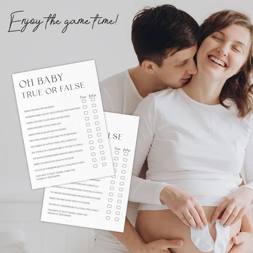 Miniatura 5 de Oh Baby! Juego verdadero o falso para baby shower, minimalismo blanco perla, 30 tarjetas de juego de relleno en blanco con 1 tarjeta de respuesta