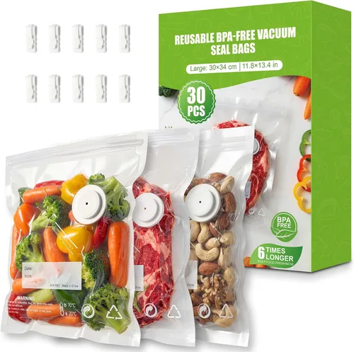 Miniatura 9 de RIWUSI 30 bolsas selladoras al vacío reutilizables para alimentos con válvula de aire y 10 clips de sellado, pequeñas (8.2 x 8.7 pulgadas), bolsas