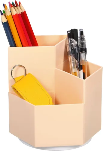 Miniatura 4 de PATIKIL Portalápices de plástico, 3 ranuras, rotación de 360 grados, cepillo de maquillaje, organizador de escritorio, taza para oficina y hogar