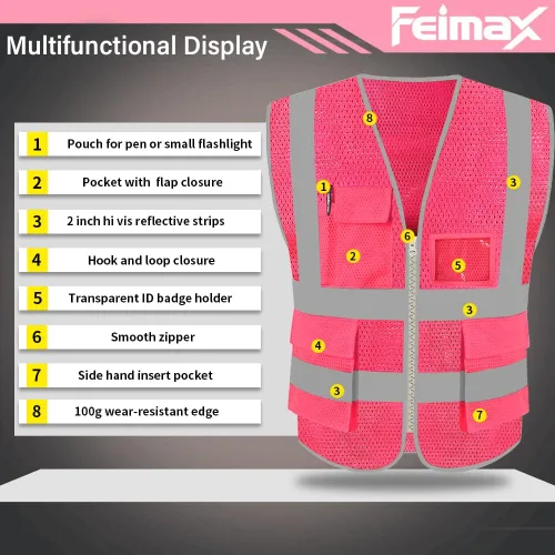 Miniatura 2 de FEimaX Chaleco de seguridad de alta visibilidad, chaleco de trabajo reflectante de malla para hombres y mujeres con bolsillos y cremallera, cumple