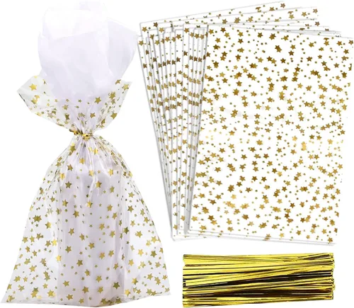 Miniatura 51 de 100 bolsas de regalo de celofán con estampado de estrellas, de 6 x 10 pulgadas, bolsas de regalo de celofán, bolsas de regalo de fiesta, bolsas