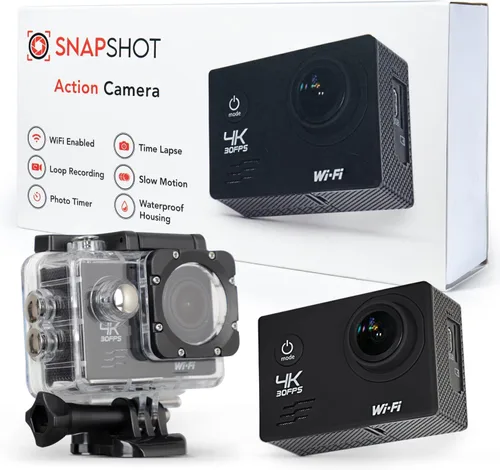 SNAPSHOT Cámara de acción 4K bajo el agua - Cámaras de video impermeables HD de 12 MP | Lente gran angular de 170 grados, 98 pies, batería de 90