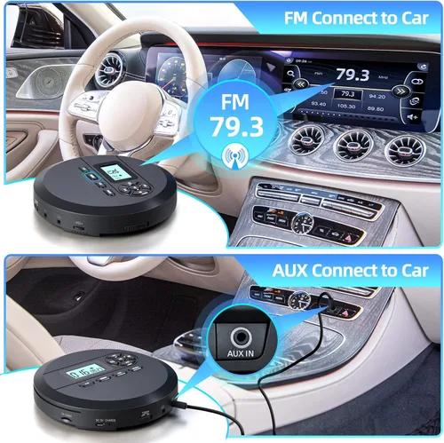 Miniatura 4 de DESOBRY Reproductor de CD portátil con altavoces y transmisor FM, reproductor de CD compacto recargable para coche batería integrada de 2000 mAh