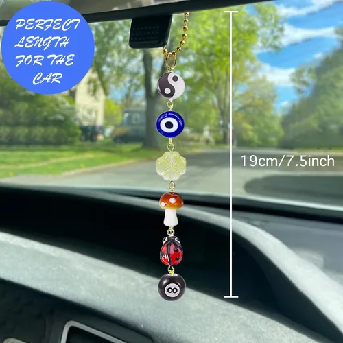 Miniatura 4 de Agromusk - Adorno colgante de coche con ojo malvado, amuleto de días de buena suerte para coche, colgante de 8 bolas con hongo y trébol de cuatro