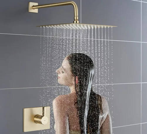Miniatura 6 de SOOOHOT Juego de accesorios de ducha de oro cepillado, juego de grifo de bañera y ducha con cabezal de ducha dorado de 12 pulgadas y boquilla