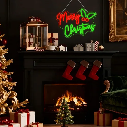 Miniatura 2 de Letrero de neón de Holly Berry, Navidad Feliz, luces LED rojas y verdes para decoración de pared, alimentado por USB, luces iluminadas