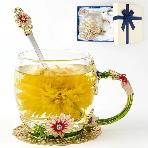 Miniatura 15 de Taza de té con flores, taza de café de vidrio transparente elegante con cuchara, caja de regalo para ella, mamá, esposa, abuela, niñas, amigas, idea