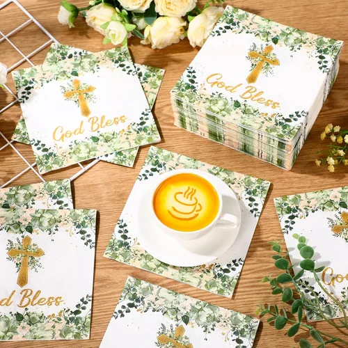 Miniatura 5 de Nuanchu 200 servilletas de bautismo religiosas para primera comunión, diseño floral verde, cruz religiosa, decoración de papel religioso