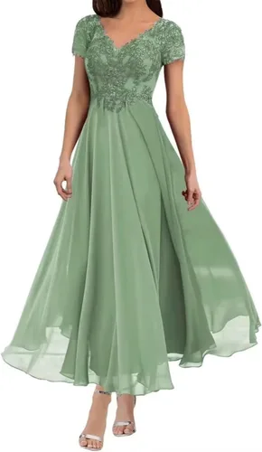 Miniatura 2 de Vestidos de noche formales de gasa con mangas y cuello en V para madre de la novia