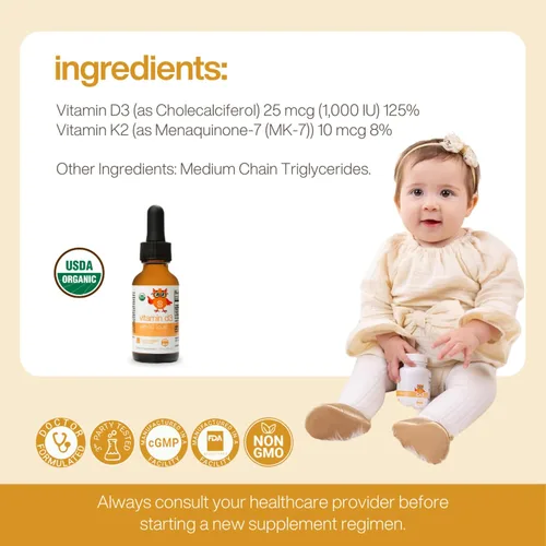 Miniatura 3 de Vitamina líquida orgánica D3 con K2 por la Dra. Ana Maria Temple Apoya huesos fuertes y salud inmunológica Certificado orgánico USDA Base
