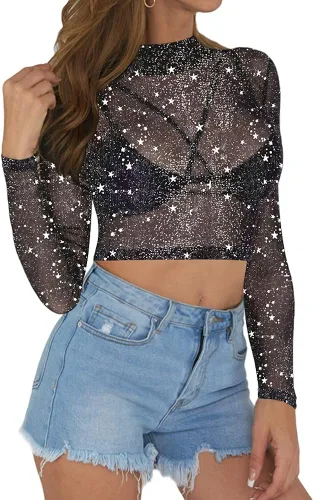 Miniatura 4 de MANGOPOP - Blusa corta de malla transparente para mujer, diseño de manga corta o larga