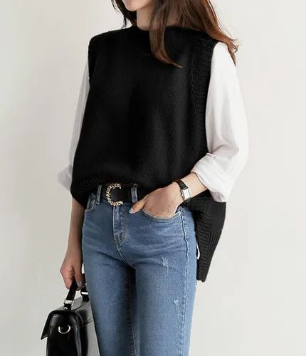 Miniatura 2 de PEIQI Suéter de punto para mujer, sin mangas, liso, casual, básico