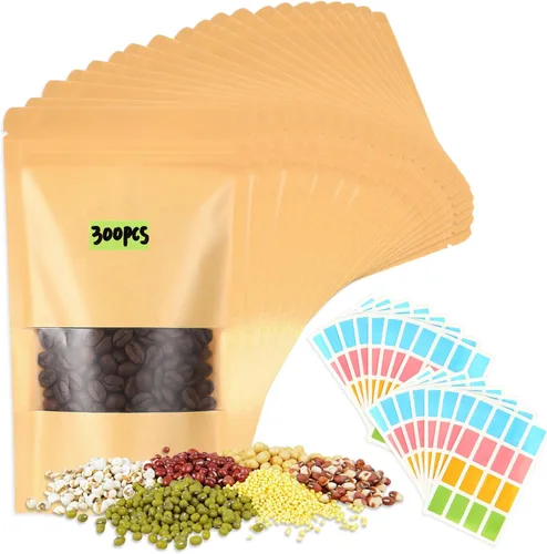 Ctosree 300 bolsas de papel kraft con ventana de 5 x 8 pulgadas, bolsas de papel resellables con cremallera para almacenamiento de alimentos, bolsas