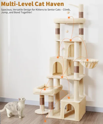Miniatura 7 de PMT04BW - Árbol resistente para gatos de interior, torre para gatos de 74 pulgadas con poste rascador, cesta colgante, condominio para gatos