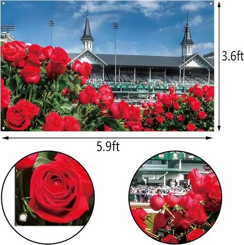 Miniatura 3 de Vohado Telón de fondo para cabina de fotos de Kentucky Churchill Downs 2025 con temática de carreras de caballos, decoración de pared con rosas