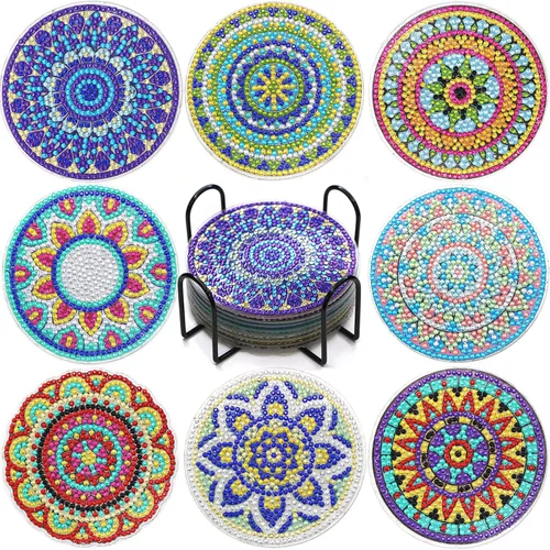 Miniatura 9 de Kit de posavasos de arte de diamante con soporte, 8 posavasos de arte de diamante para adultos, niños, principiantes, regalos de manualidades (donas)