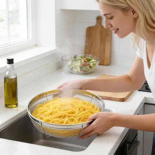 Miniatura 6 de Colador de malla fina para cocina, tazón de colador de acero inoxidable para pasta, arroz, fruta, cestas de malla metálica con base de reposo