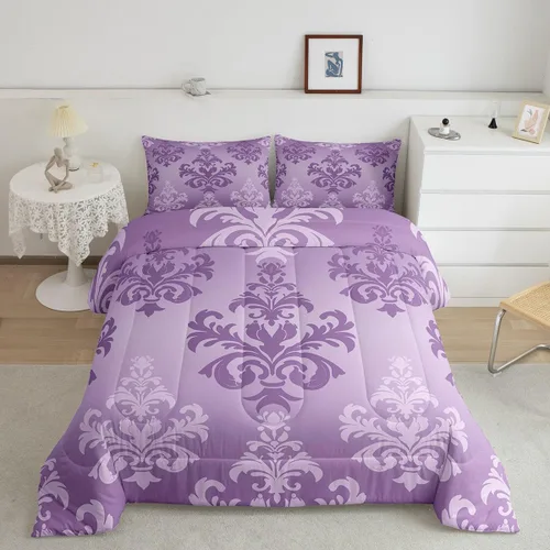 Juego de edredón de damasco de medallón morado, tamaño individual, vintage, floral, victoriano, estilo barroco, edredón bohemio con flores