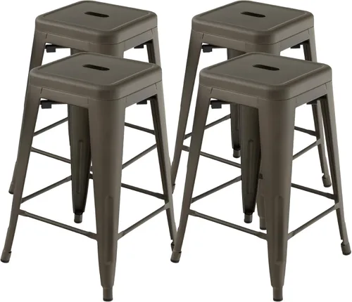 COSTWAY Juego de 4 taburetes de bar apilables de metal de 24 pulgadas con asiento cuadrado y agujero de mano, diseño reforzado en forma de X, cómodo