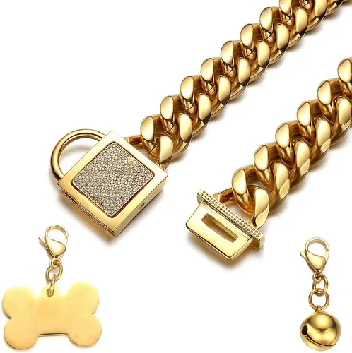 Miniatura 4 de Collar de cadena fuerte para perros grandes, eslabones cubanos dorados de acero inoxidable con hebilla de circonita cúbica, cadena de metal de 0.71