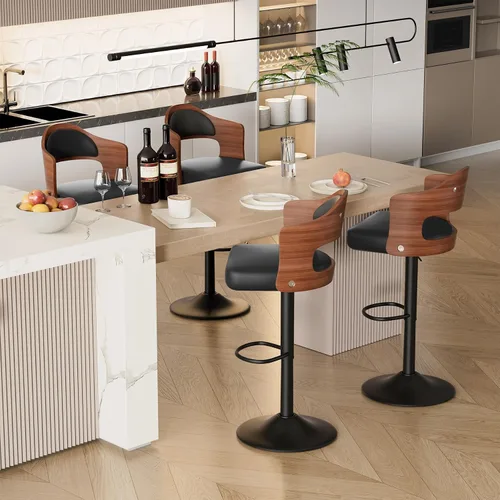 Miniatura 14 de Juego de 2 taburetes de bar giratorios, taburetes de bar de madera tapizados en cuero PU con respaldo y reposapiés, asiento de altura ajustable