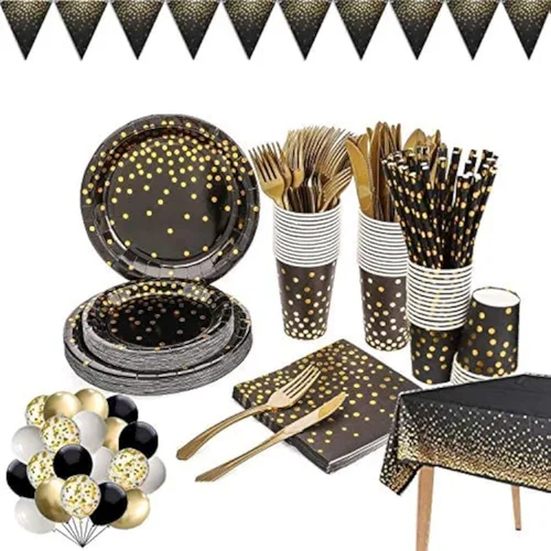 Juego de suministros de fiesta de 142 piezas de color negro y dorado vajilla de fiesta de lunares dorados que incluye platos llanos de papel negro,