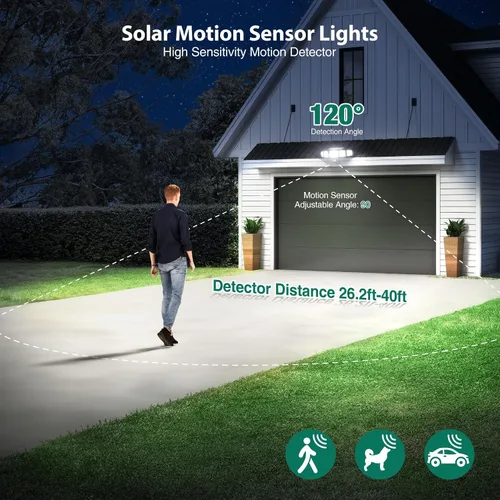 Miniatura 7 de Luces solares para exteriores, 4000LM con 5 cabezas, sensor de movimiento, 236 LEDs, 3 modos, luces de pared de seguridad IP65 impermeables, luces